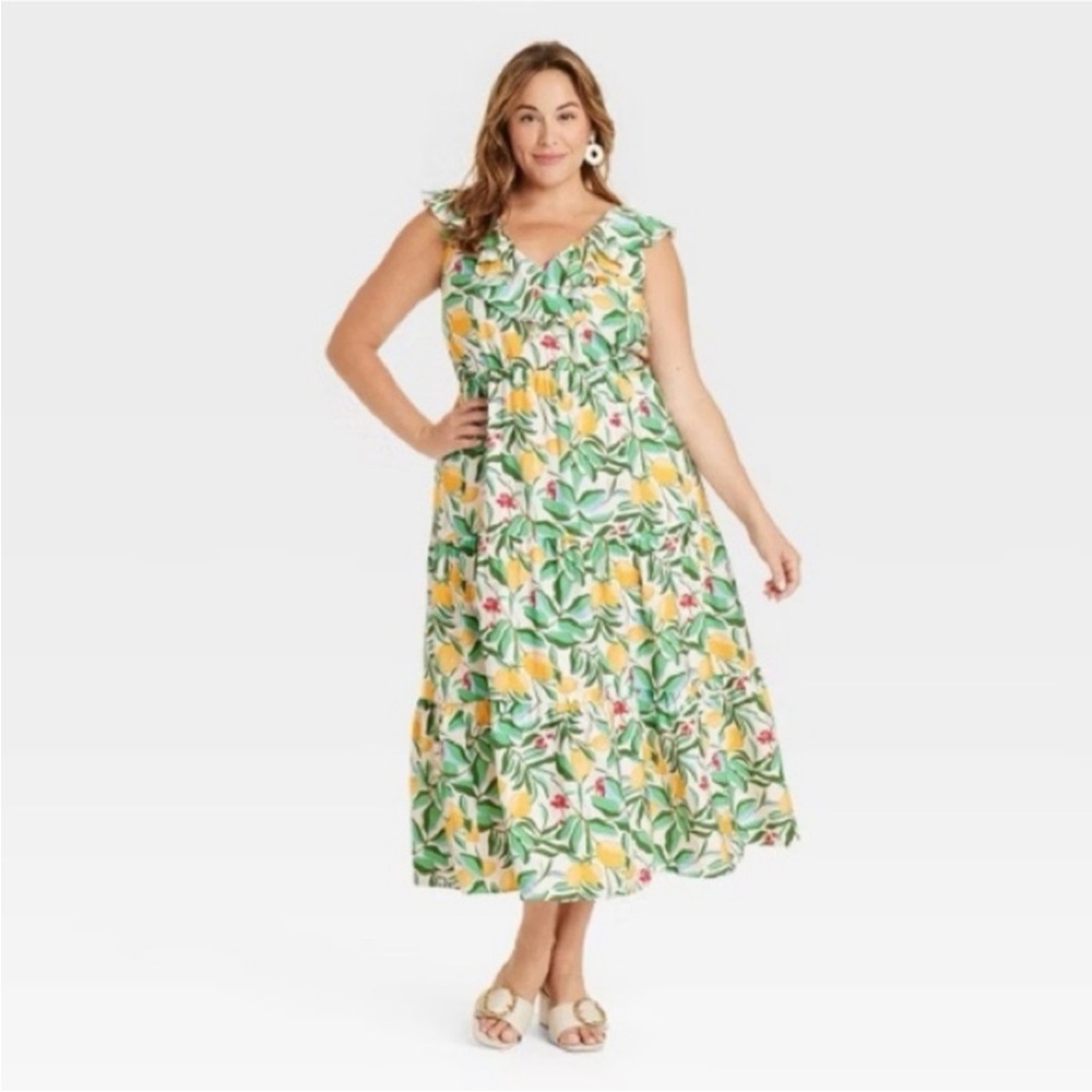 Ava and viv lemon print maxi sundress flutter sleeve vneck xxl yellow green